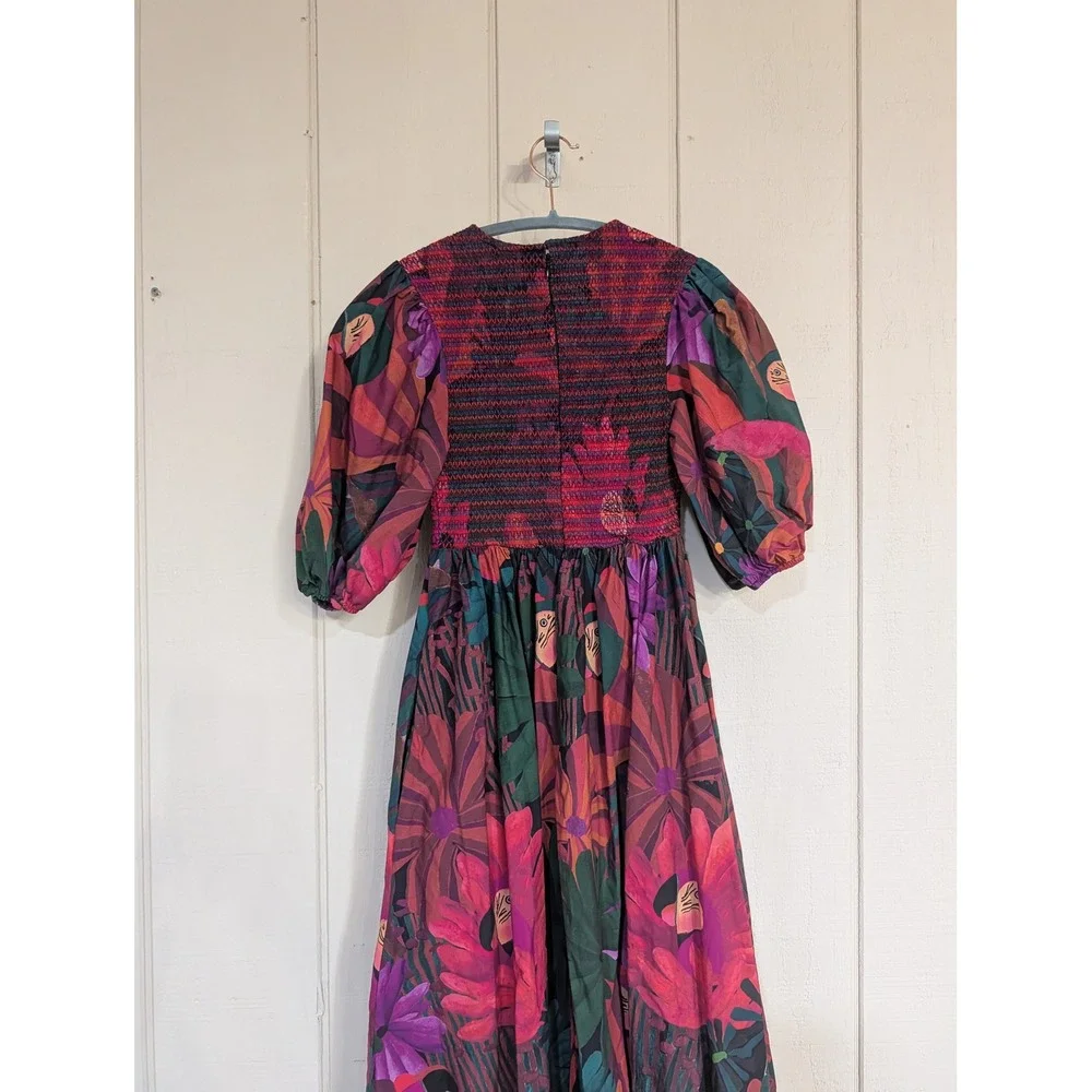 Farm Rio Dark Flowers Smocked Midi Dress Puff Sleeve Floral XS - Picture 13 of 16